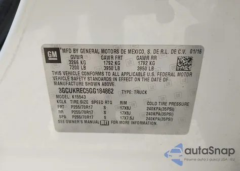 2016 Chevrolet Silverado 1500 1Lt from USA, damaged, VIN 3GCUKREC5GG184862